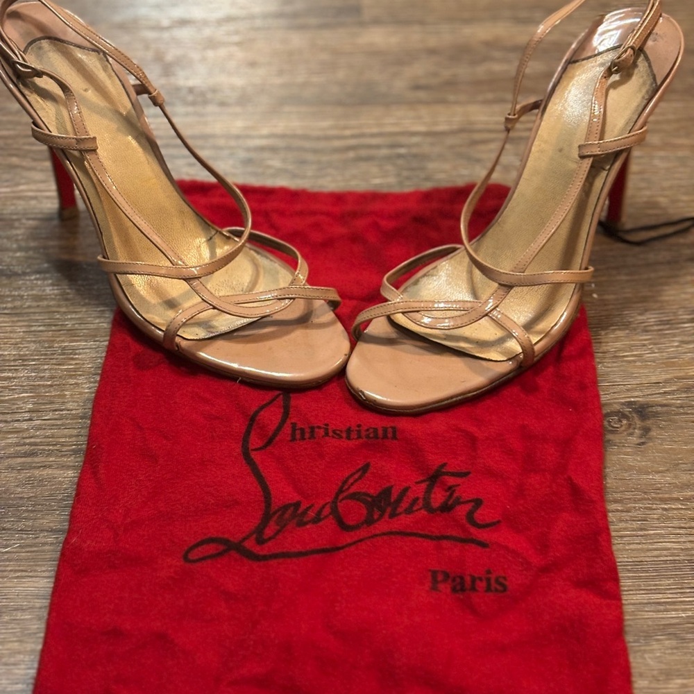 Louboutin Nude Patent Leather Heeled Sandals-GRT CONDITION-sz 7.5-classic & sexy